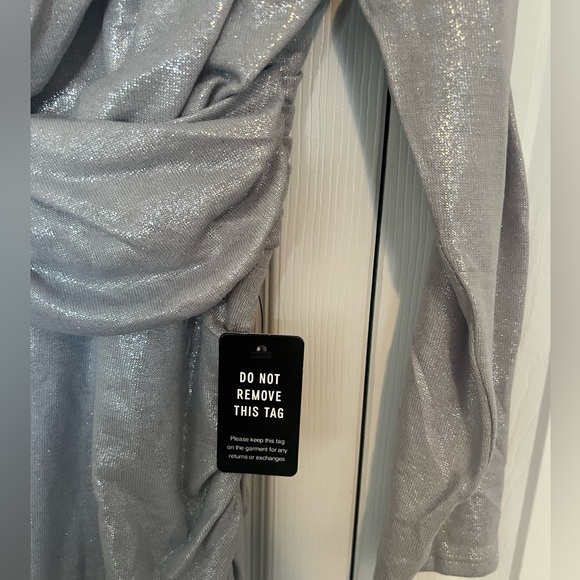 NWT Express Shine Crew Neck Rouched Midi Dress, silver, size xl - Picture 2 of 7